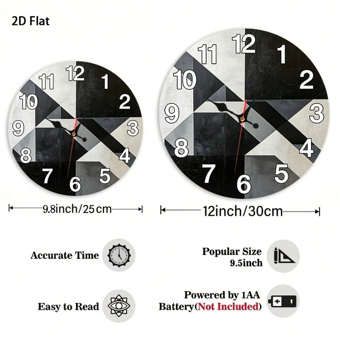 2D Flat Single-Piece Black, White, And Gray Geometric Patchwork Wall Clock 12inch Silent And Non-Ticking, Very Suitable For Kitchens, Classrooms