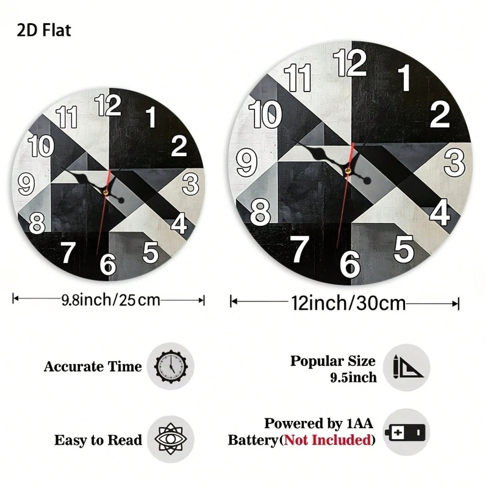 2D Flat Single-Piece Black, White, And Gray Geometric Patchwork Wall Clock 12inch Silent And Non-Ticking, Very Suitable For Kitchens, Classrooms