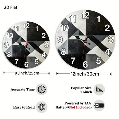 2D Flat Single-Piece Black, White, And Gray Geometric Patchwork Wall Clock 12inch Silent And Non-Ticking, Very Suitable For Kitchens, Classrooms