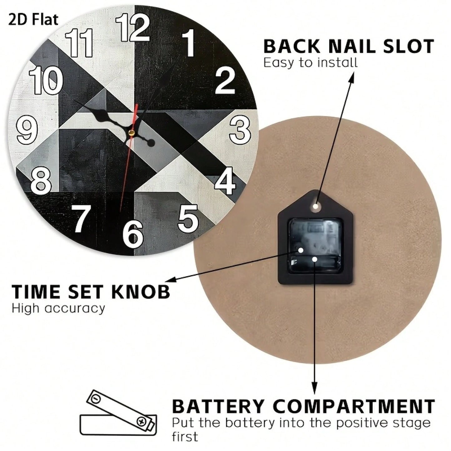 2D Flat Single-Piece Black, White, And Gray Geometric Patchwork Wall Clock 12inch Silent And Non-Ticking, Very Suitable For Kitchens, Classrooms