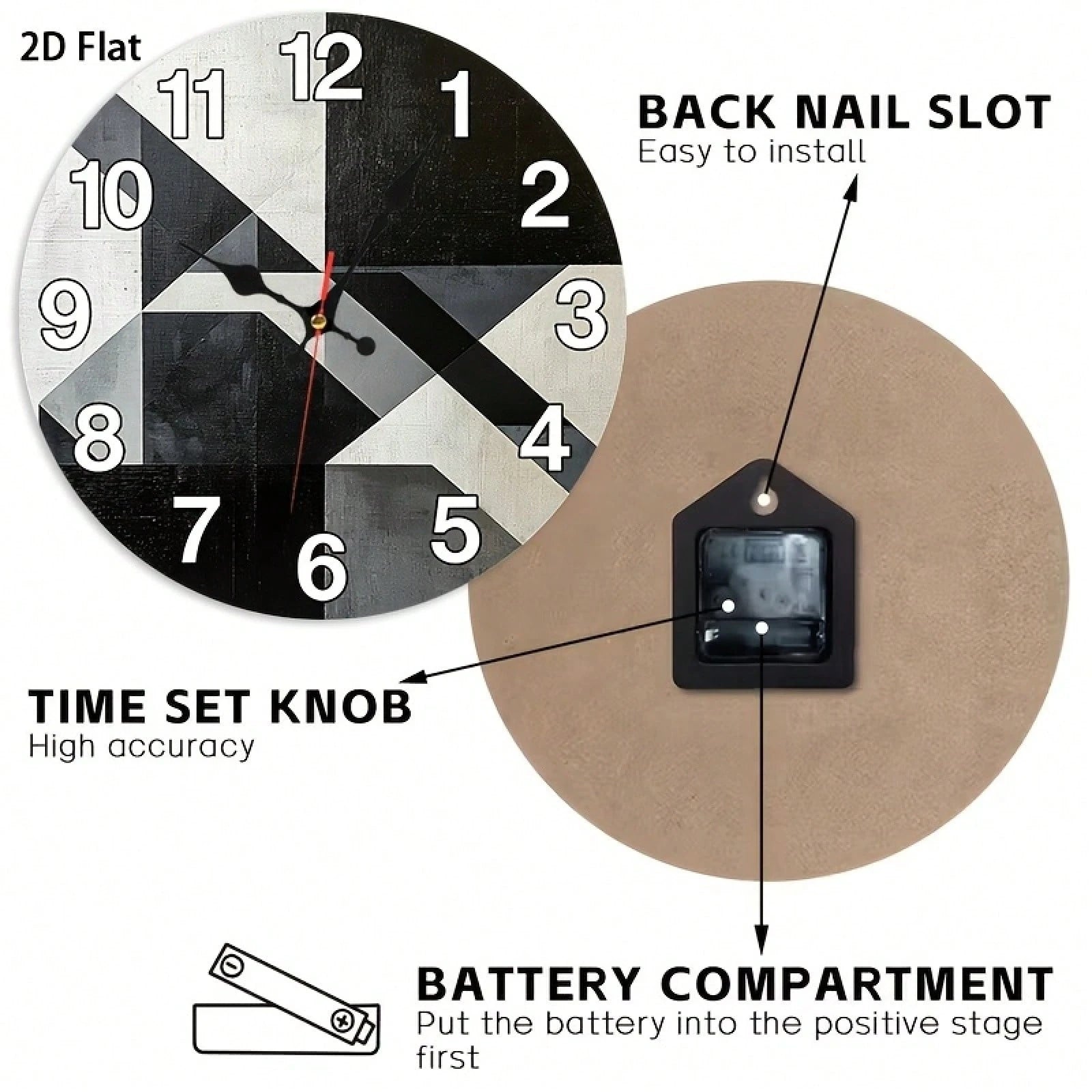 2D Flat Single-Piece Black, White, And Gray Geometric Patchwork Wall Clock 12inch Silent And Non-Ticking, Very Suitable For Kitchens, Classrooms