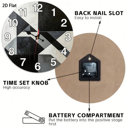 2D Flat Single-Piece Black, White, And Gray Geometric Patchwork Wall Clock 12inch Silent And Non-Ticking, Very Suitable For Kitchens, Classrooms