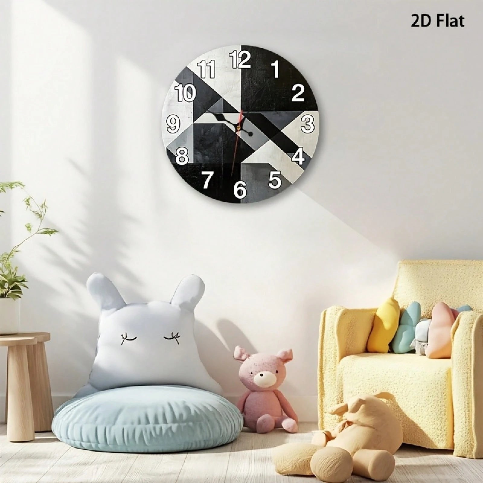 2D Flat Single-Piece Black, White, And Gray Geometric Patchwork Wall Clock 12inch Silent And Non-Ticking, Very Suitable For Kitchens, Classrooms