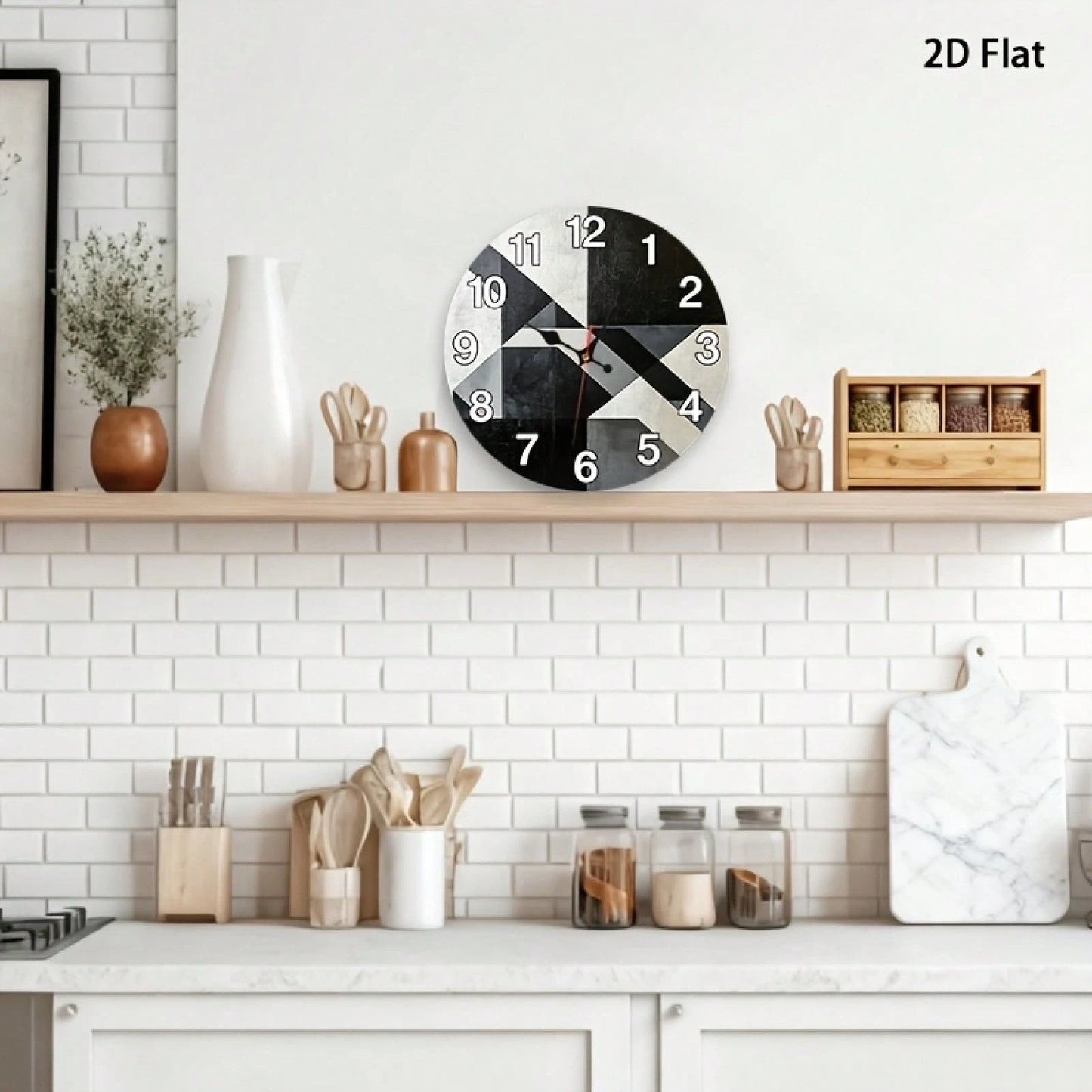 2D Flat Single-Piece Black, White, And Gray Geometric Patchwork Wall Clock 12inch Silent And Non-Ticking, Very Suitable For Kitchens, Classrooms
