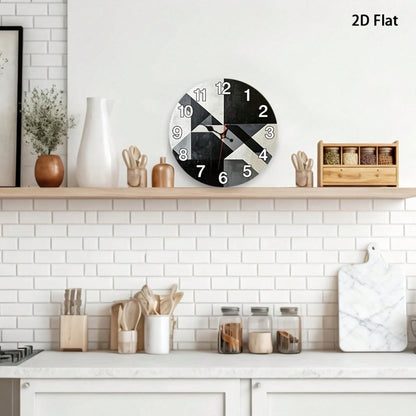 2D Flat Single-Piece Black, White, And Gray Geometric Patchwork Wall Clock 12inch Silent And Non-Ticking, Very Suitable For Kitchens, Classrooms