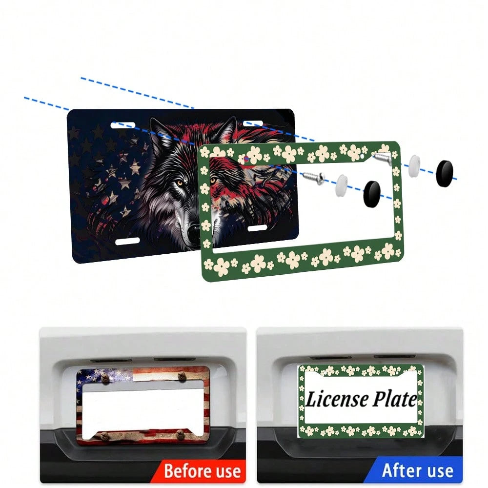 2PC Green License Plate Frame,Flower, Cartoon License Plate Holder, Front License Plate Cover, License Plate Holder, Interesting License Plate Frame, Car License Plate Accessories, Universal License P