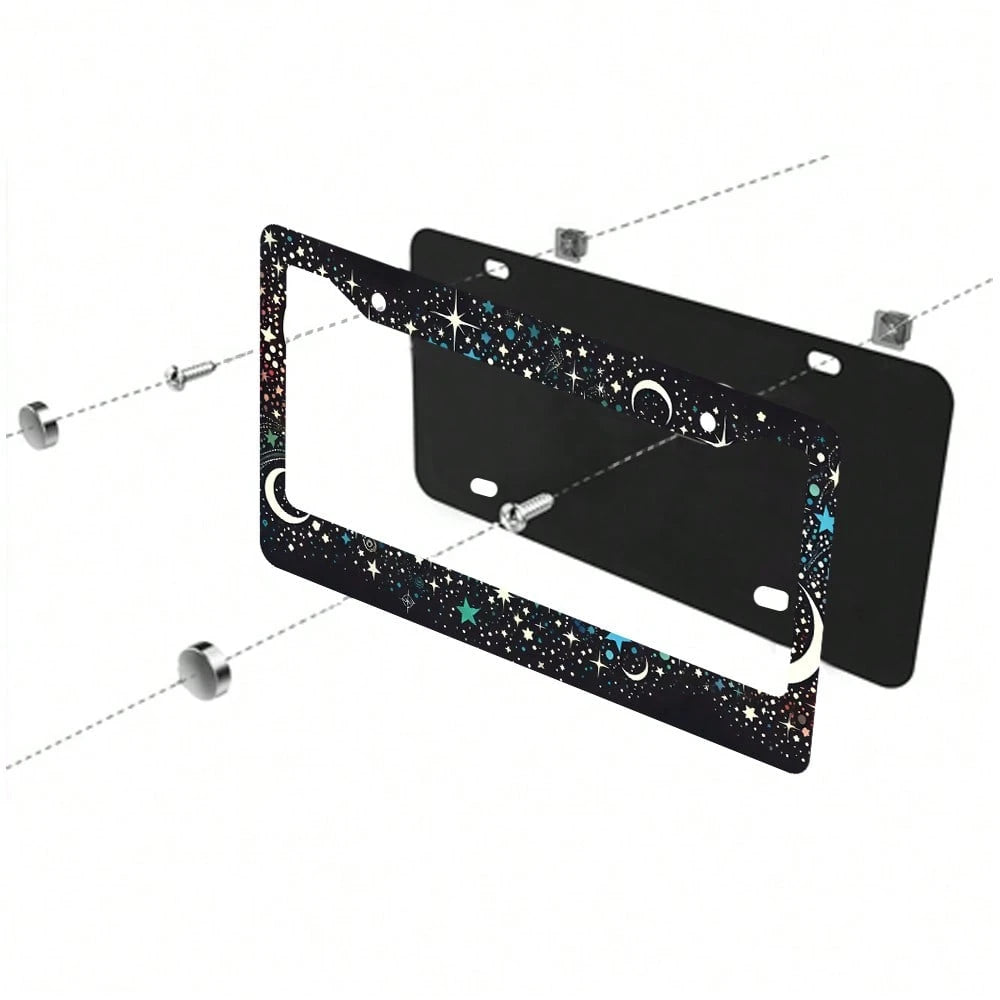 2PC Neon Moon And Aluminum License Plate Holders, Universal Size, Rust Proof License Plate Frame, Automotive Parts, Suitable Men And Women, 12x6 Inches, Suitable United States