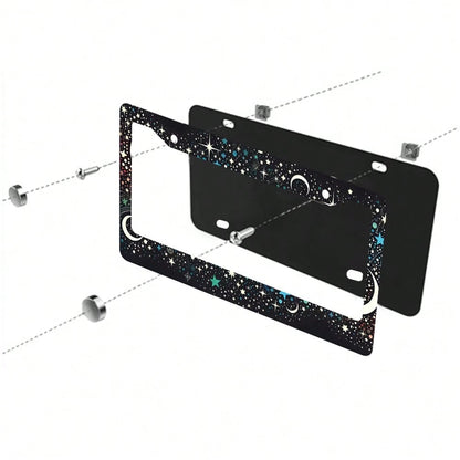 2PC Neon Moon And Aluminum License Plate Holders, Universal Size, Rust Proof License Plate Frame, Automotive Parts, Suitable Men And Women, 12x6 Inches, Suitable United States