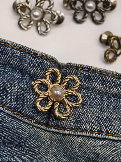 2pcs/1pair Plated Petal Shaped Waist Buckle For Jean Skirt- Buckle For Adjusting Waist Size, Anti-Slip Without Nails, Detachable Button For Perfect Fit- Slim Your Waist And Tighten Your Jeans With N