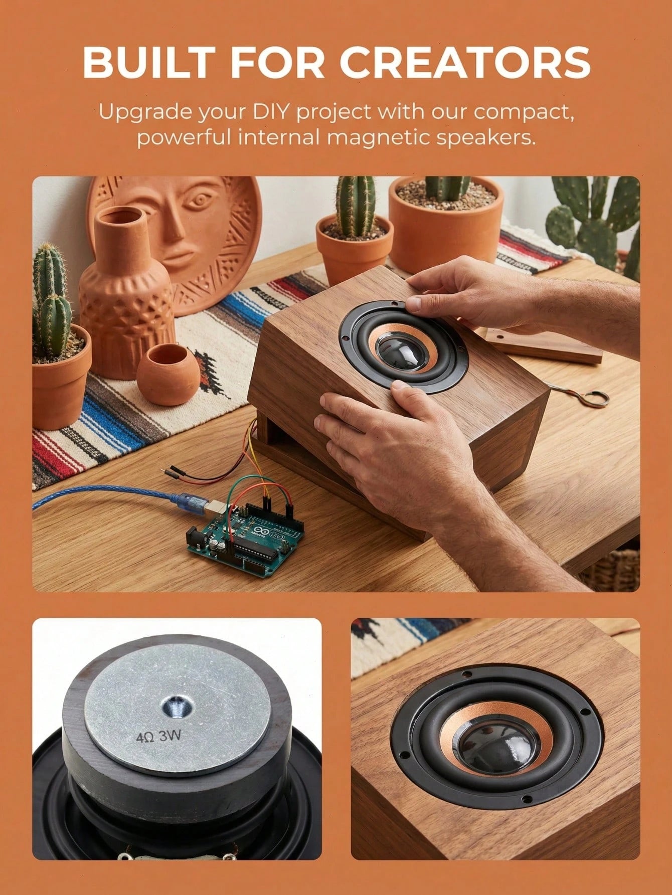 2pcs 2-Inch Magnetic Speaker Parts, Touch Panel Control Coaxial Connector, DIY Audio Speakers, Mini Speaker PU Leather Case, Black And Orange Stereo Audio Output