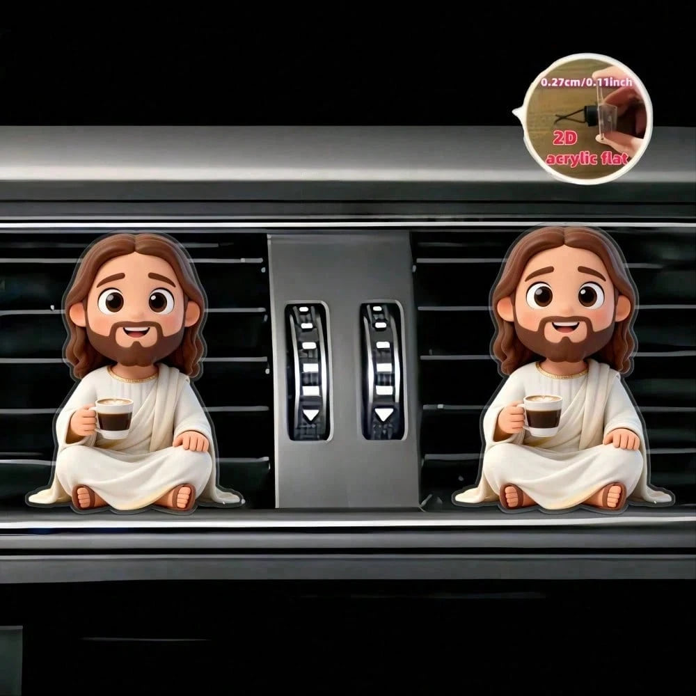 2pcs 2D Flat Cartoon Jesus Drinking Coffee Car Air Vent Clip, For Women, Acrylic Car Interior Decoration, With Reusable Unscented Sponge Pad, DIY Customizable Fragrance Car Air Vent Accessory, Fashion