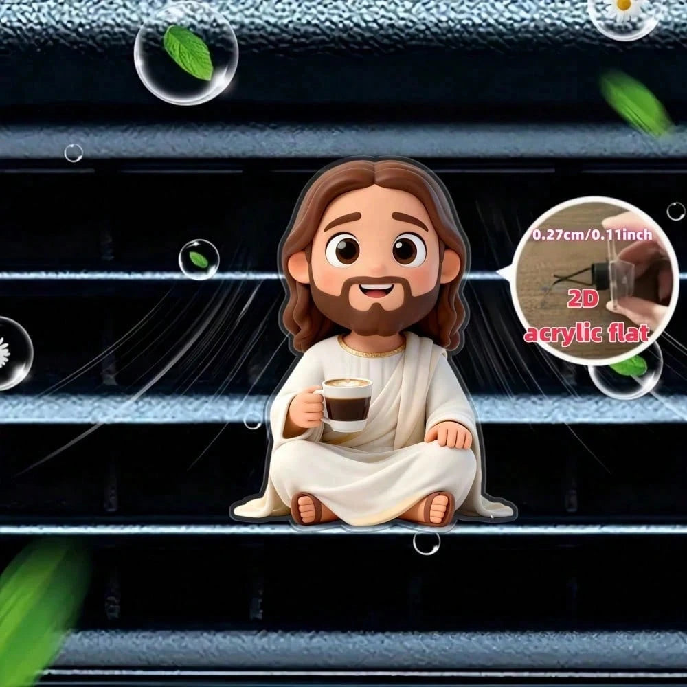 2pcs 2D Flat Cartoon Jesus Drinking Coffee Car Air Vent Clip, For Women, Acrylic Car Interior Decoration, With Reusable Unscented Sponge Pad, DIY Customizable Fragrance Car Air Vent Accessory, Fashion