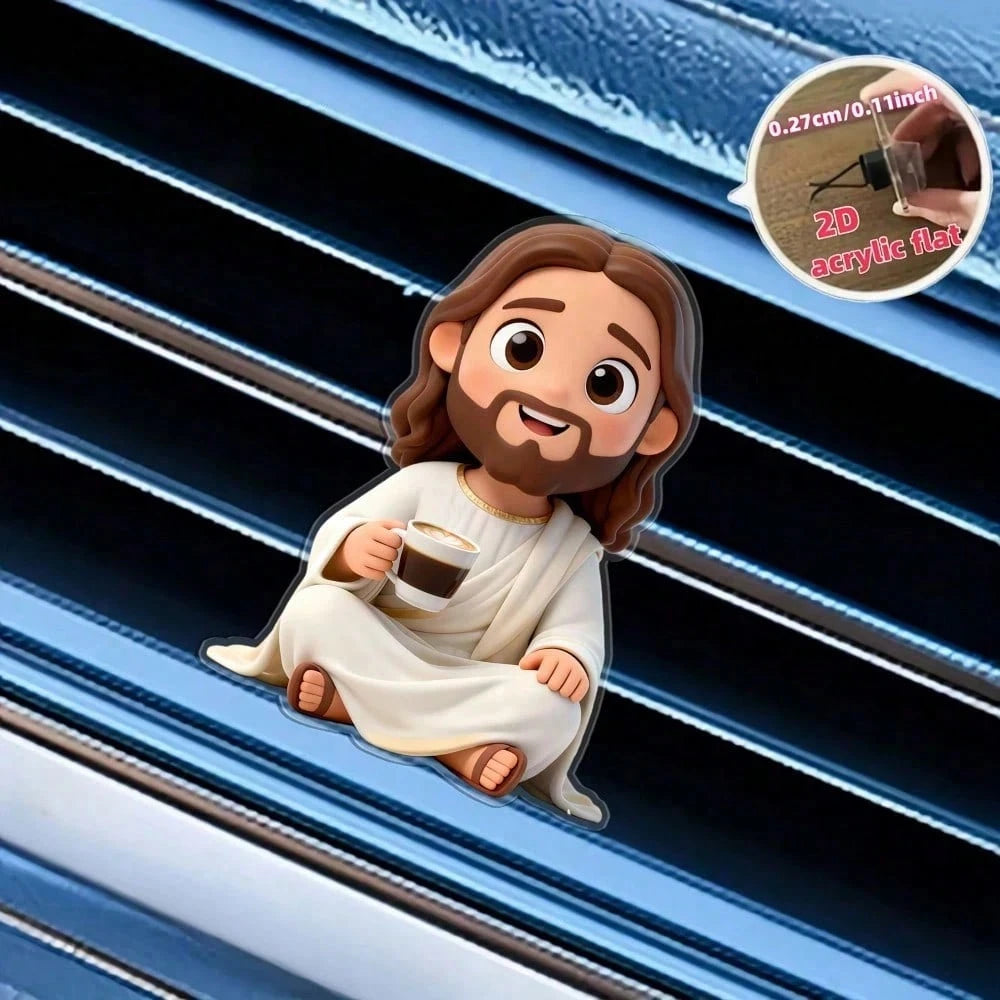 2pcs 2D Flat Cartoon Jesus Drinking Coffee Car Air Vent Clip, For Women, Acrylic Car Interior Decoration, With Reusable Unscented Sponge Pad, DIY Customizable Fragrance Car Air Vent Accessory, Fashion