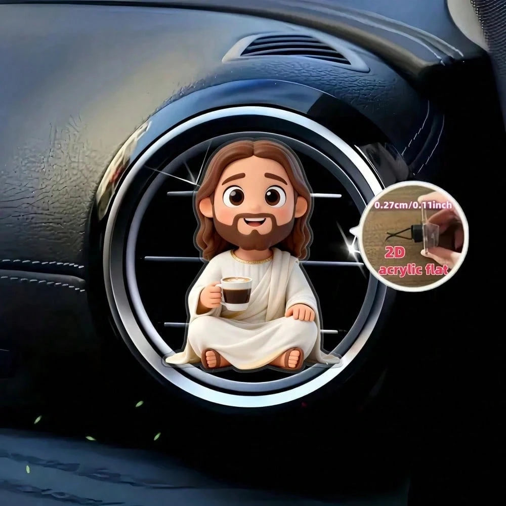 2pcs 2D Flat Cartoon Jesus Drinking Coffee Car Air Vent Clip, For Women, Acrylic Car Interior Decoration, With Reusable Unscented Sponge Pad, DIY Customizable Fragrance Car Air Vent Accessory, Fashion