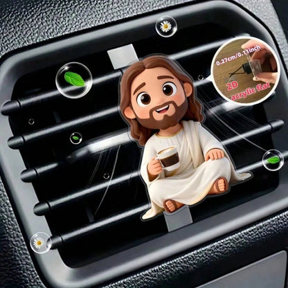 2pcs 2D Flat Cartoon Jesus Drinking Coffee Car Air Vent Clip, For Women, Acrylic Car Interior Decoration, With Reusable Unscented Sponge Pad, DIY Customizable Fragrance Car Air Vent Accessory, Fashion