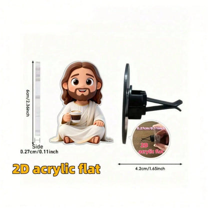 2pcs 2D Flat Cartoon Jesus Drinking Coffee Car Air Vent Clip, For Women, Acrylic Car Interior Decoration, With Reusable Unscented Sponge Pad, DIY Customizable Fragrance Car Air Vent Accessory, Fashion