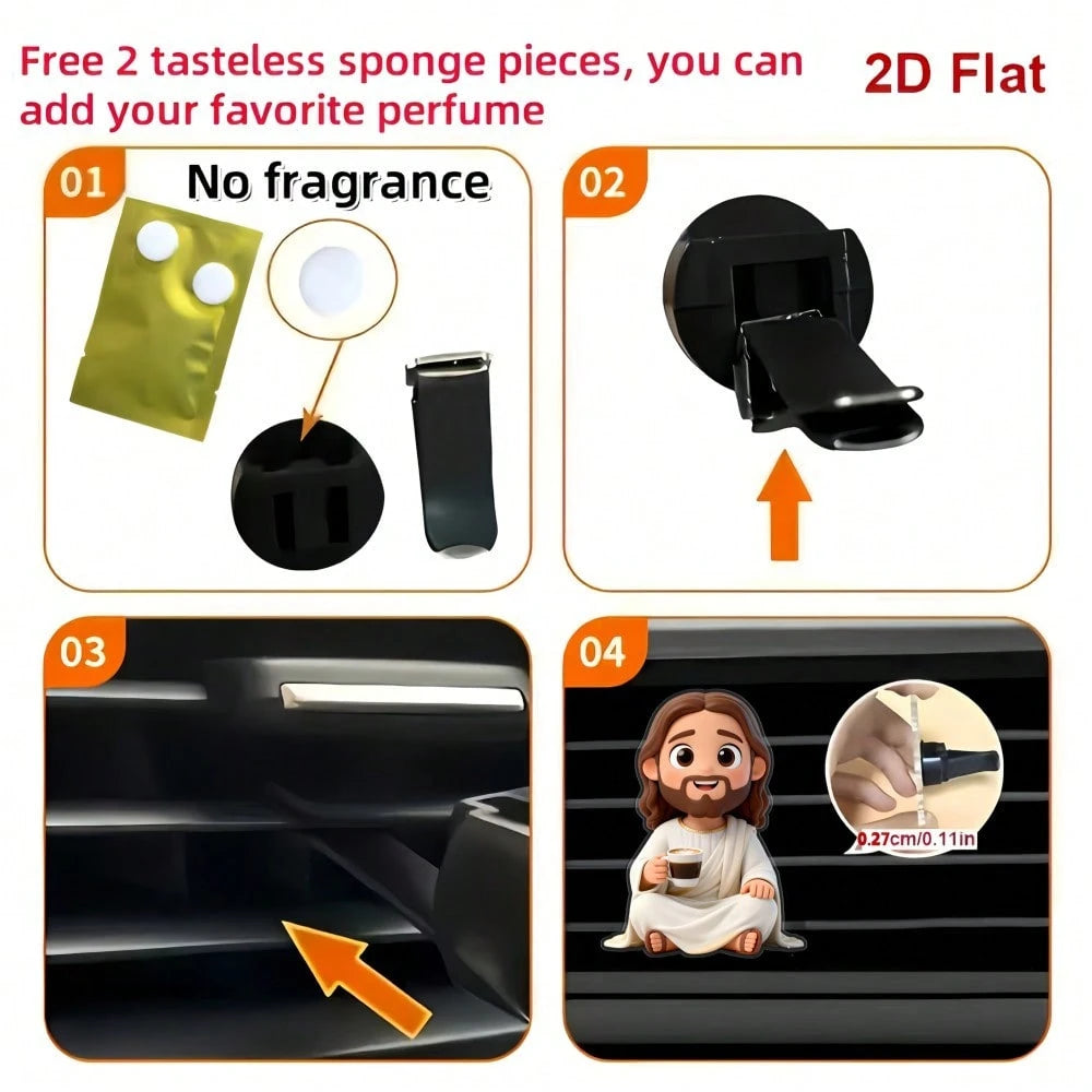 2pcs 2D Flat Cartoon Jesus Drinking Coffee Car Air Vent Clip, For Women, Acrylic Car Interior Decoration, With Reusable Unscented Sponge Pad, DIY Customizable Fragrance Car Air Vent Accessory, Fashion