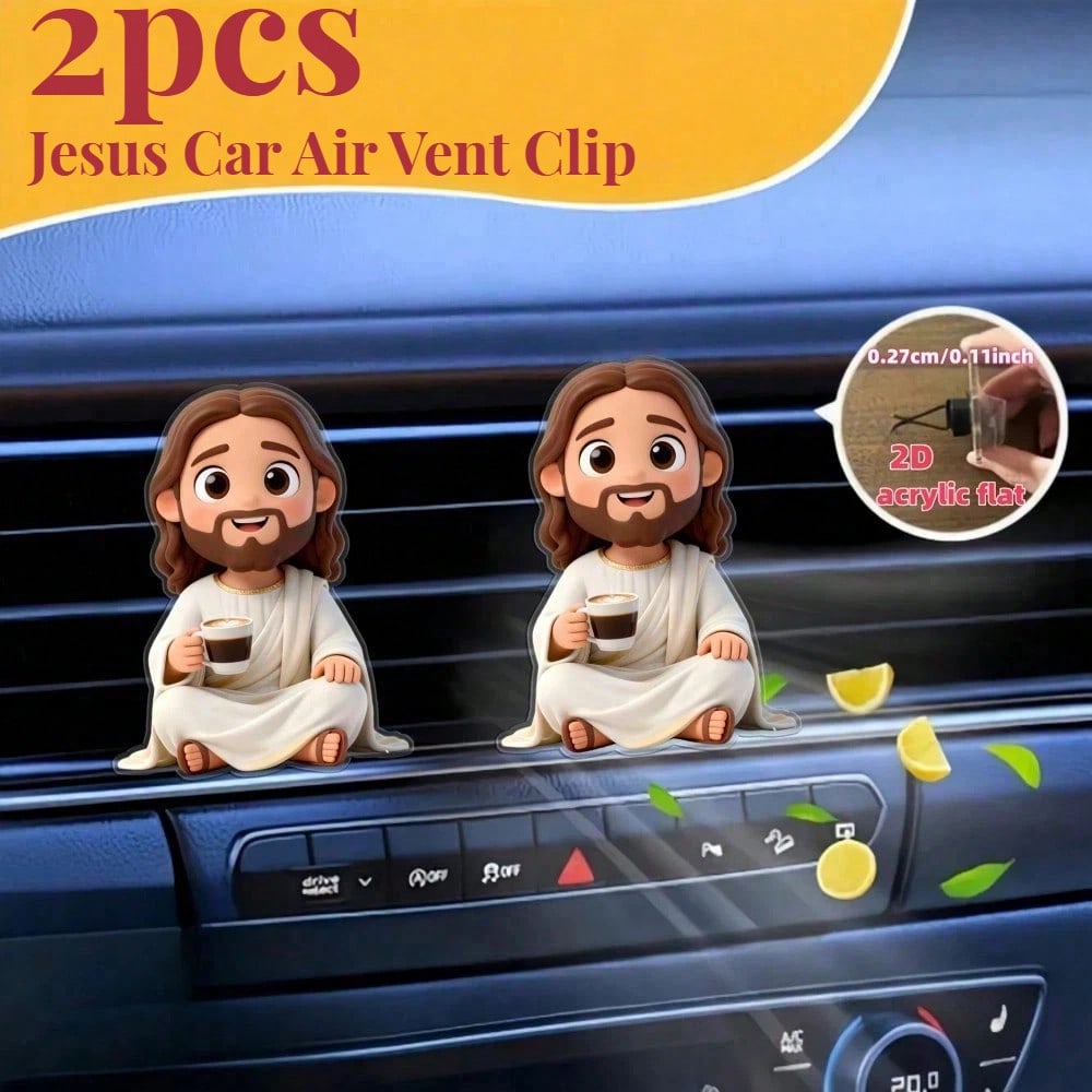 2pcs 2D Flat Cartoon Jesus Drinking Coffee Car Air Vent Clip, For Women, Acrylic Car Interior Decoration, With Reusable Unscented Sponge Pad, DIY Customizable Fragrance Car Air Vent Accessory, Fashion