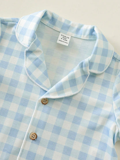 2pcs Baby Boy Baby Girl Blue And White Cute Plaid Pattern Short Sleeve Collar Open Front Top Elastic Waist Long Pants Two Pieces Set Plaid Pajama Set Loungewear Suitable For Spring And Summer