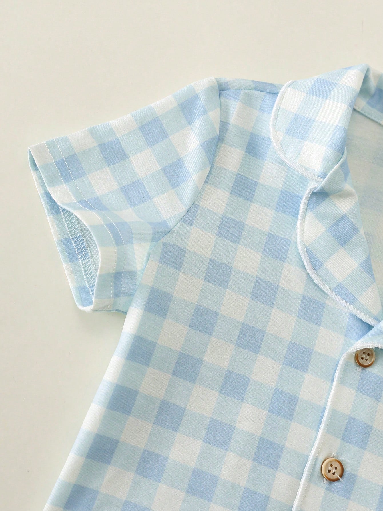 2pcs Baby Boy Baby Girl Blue And White Cute Plaid Pattern Short Sleeve Collar Open Front Top Elastic Waist Long Pants Two Pieces Set Plaid Pajama Set Loungewear Suitable For Spring And Summer
