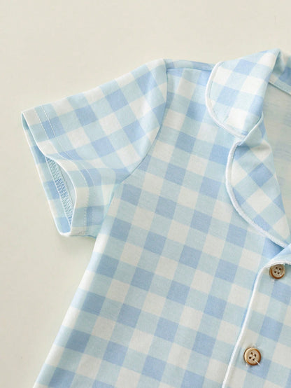2pcs Baby Boy Baby Girl Blue And White Cute Plaid Pattern Short Sleeve Collar Open Front Top Elastic Waist Long Pants Two Pieces Set Plaid Pajama Set Loungewear Suitable For Spring And Summer