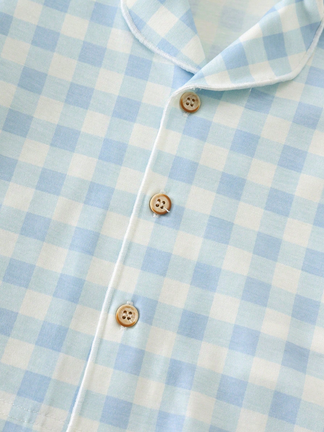 2pcs Baby Boy Baby Girl Blue And White Cute Plaid Pattern Short Sleeve Collar Open Front Top Elastic Waist Long Pants Two Pieces Set Plaid Pajama Set Loungewear Suitable For Spring And Summer