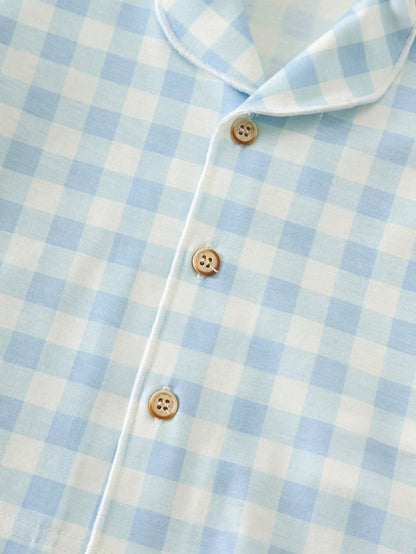 2pcs Baby Boy Baby Girl Blue And White Cute Plaid Pattern Short Sleeve Collar Open Front Top Elastic Waist Long Pants Two Pieces Set Plaid Pajama Set Loungewear Suitable For Spring And Summer