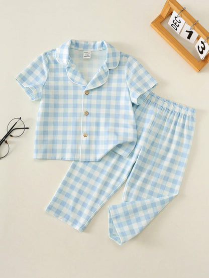 2pcs Baby Boy Baby Girl Blue And White Cute Plaid Pattern Short Sleeve Collar Open Front Top Elastic Waist Long Pants Two Pieces Set Plaid Pajama Set Loungewear Suitable For Spring And Summer
