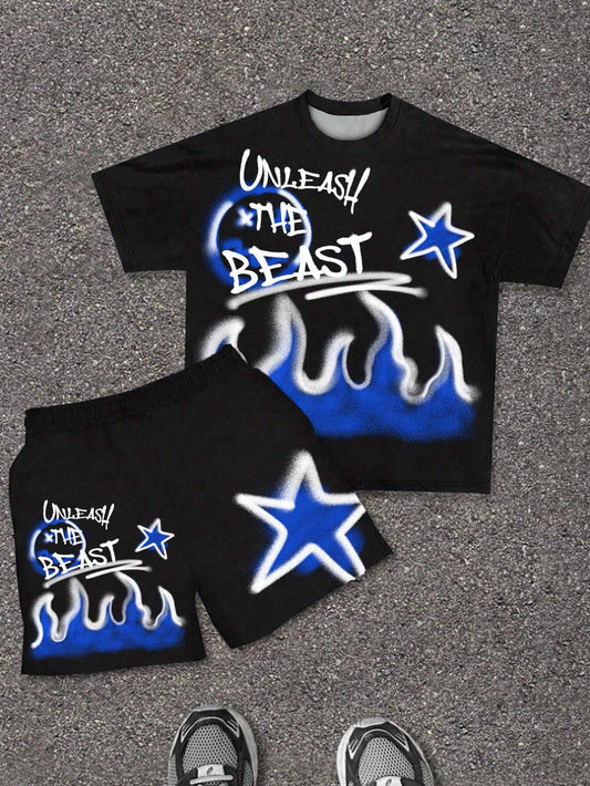 2pcs Baby Boy Casual Fashionable Cool Flame Graffiti, Text & Star Print Round Neck Short Sleeve T-Shirt And Shorts Set, Suitable For Summer