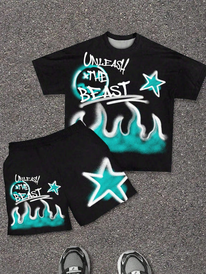 2pcs Baby Boy Casual Fashionable Cool Flame Graffiti, Text & Star Print Round Neck Short Sleeve T-Shirt And Shorts Set, Suitable For Summer