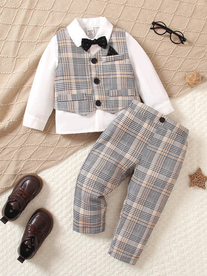 2pcs Baby Boy English Style Elegant White Plaid Vest & Pants Suit,Dapper Bow Tie Formal Wedding Party Outfit,Birthday Christening Holiday Set