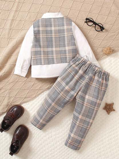 2pcs Baby Boy English Style Elegant White Plaid Vest & Pants Suit,Dapper Bow Tie Formal Wedding Party Outfit,Birthday Christening Holiday Set