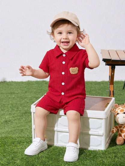 2pcs Baby Boy Floral Fabric Shirt With Pocket, Bear Embroidery Decor And Shorts, Street Fashion Children Set