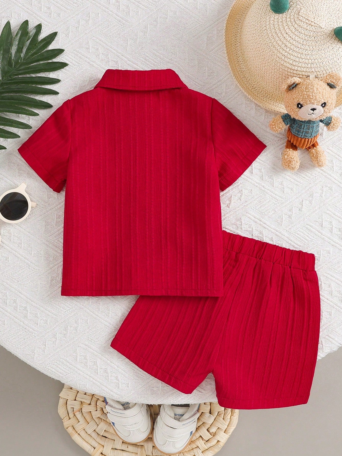 2pcs Baby Boy Floral Fabric Shirt With Pocket, Bear Embroidery Decor And Shorts, Street Fashion Children Set