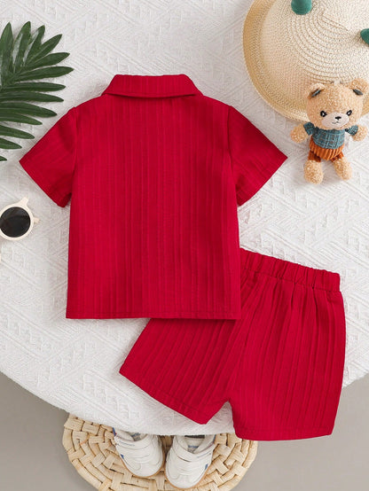 2pcs Baby Boy Floral Fabric Shirt With Pocket, Bear Embroidery Decor And Shorts, Street Fashion Children Set