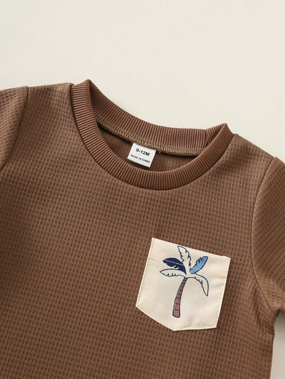 2pcs Baby Boy Summer Casual Khaki Top & Coconut Tree Shorts Beach Hot Pants T-Shirt Set, Vacation Outfit, Summer Set