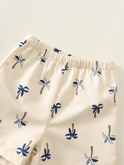 2pcs Baby Boy Summer Casual Khaki Top & Coconut Tree Shorts Beach Hot Pants T-Shirt Set, Vacation Outfit, Summer Set