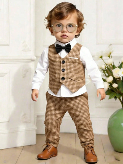 2pcs Baby Boy White Summer Elegant Formal Wedding Guest Outfit,Casual Vest With Buttons And Pants Set,Infant Boy Clothing For Birthday Party,Wedding