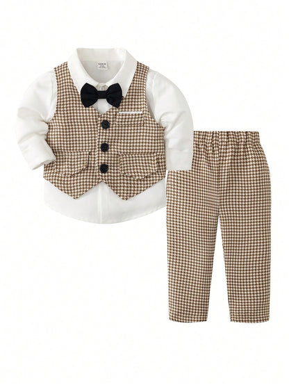 2pcs Baby Boy White Summer Elegant Formal Wedding Guest Outfit,Casual Vest With Buttons And Pants Set,Infant Boy Clothing For Birthday Party,Wedding