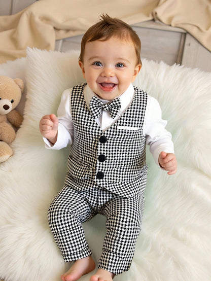 2pcs Baby Boy White Summer Elegant Formal Wedding Guest Outfit,Casual Vest With Buttons And Pants Set,Infant Boy Clothing For Birthday Party,Wedding