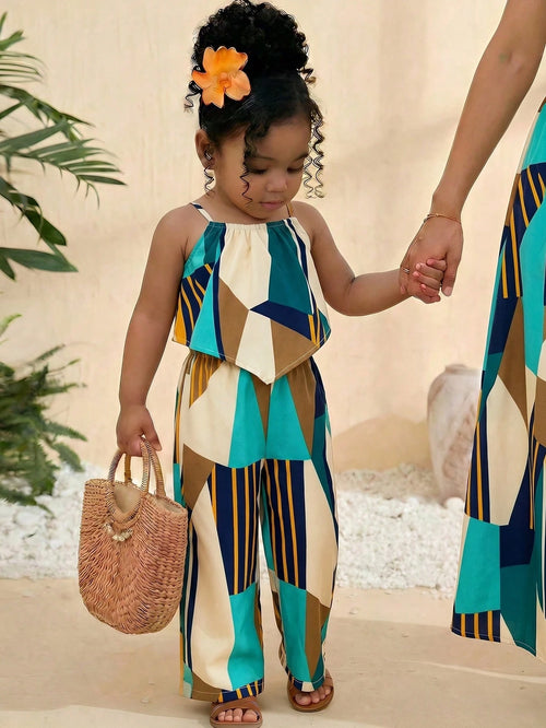 2pcs Baby Girl Woven Geometric Pattern Sleeveless Top And Loose Casual Pants Set