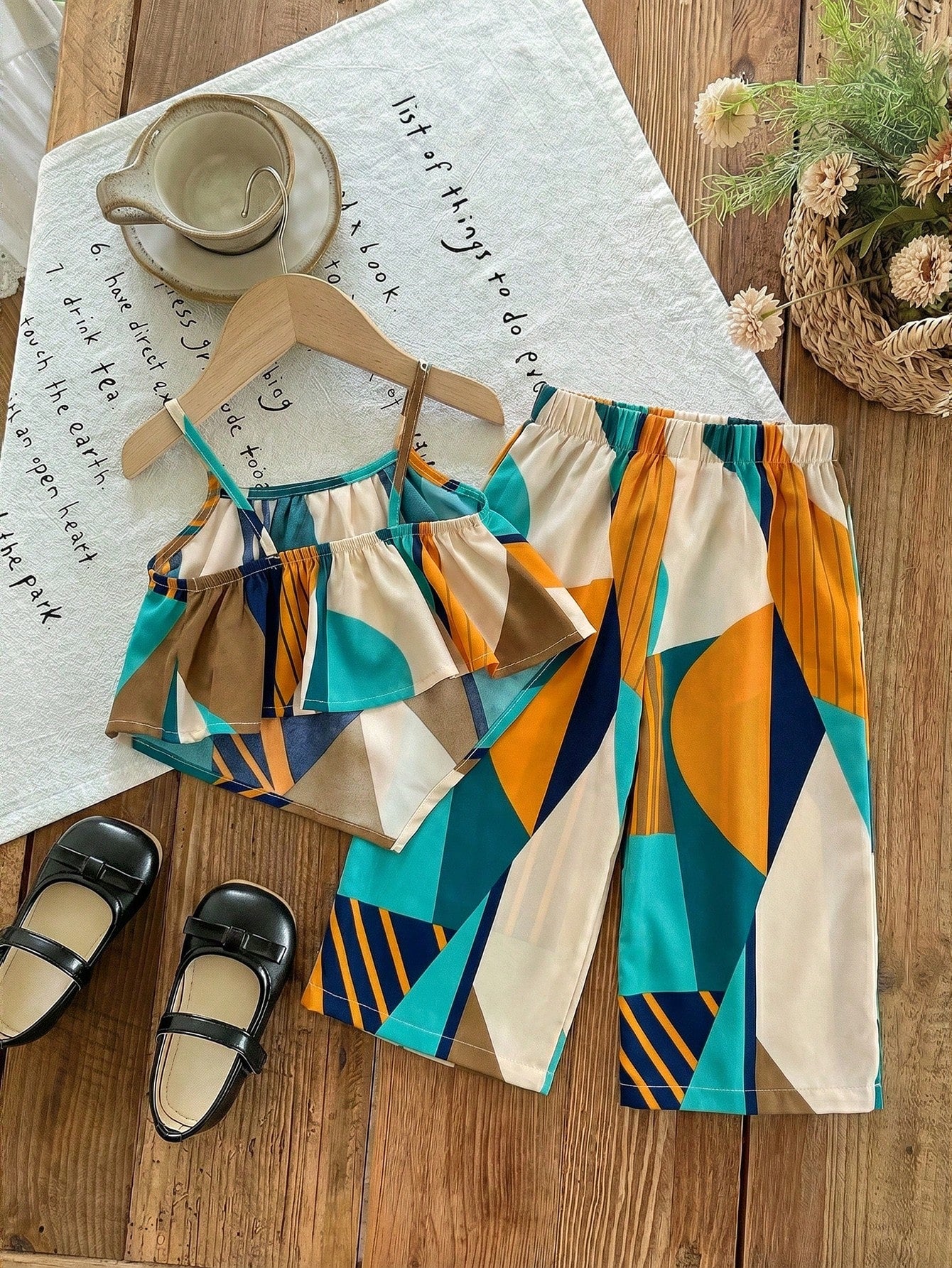 2pcs Baby Girl Woven Geometric Pattern Sleeveless Top And Loose Casual Pants Set