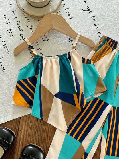 2pcs Baby Girl Woven Geometric Pattern Sleeveless Top And Loose Casual Pants Set