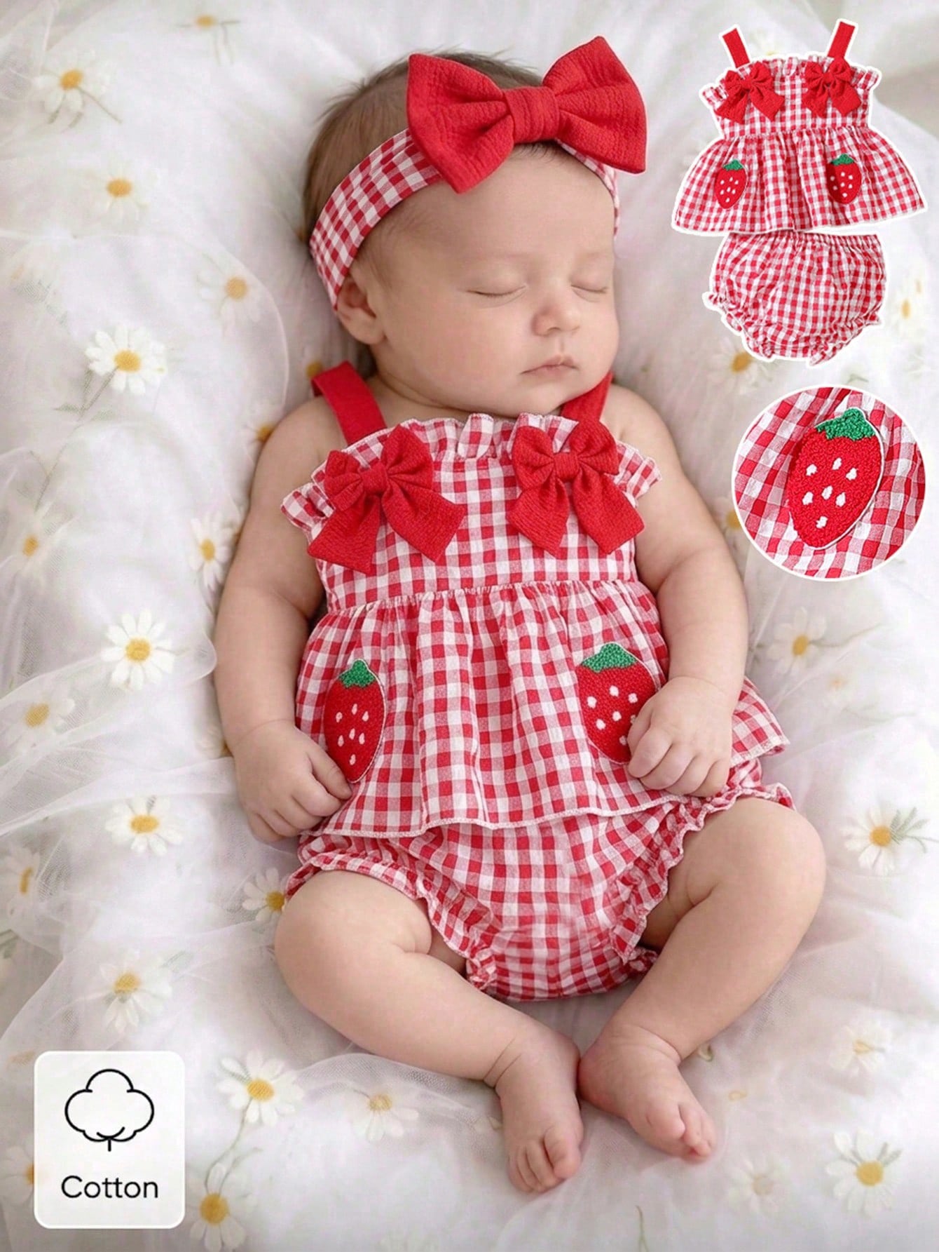 2pcs Baby Girls' Cute White And Red Plaid Bow Strawberry Decor Sleeveless Romper,Summer Family Matching Outfits For Casual Trips,Parties,Photo Shoots