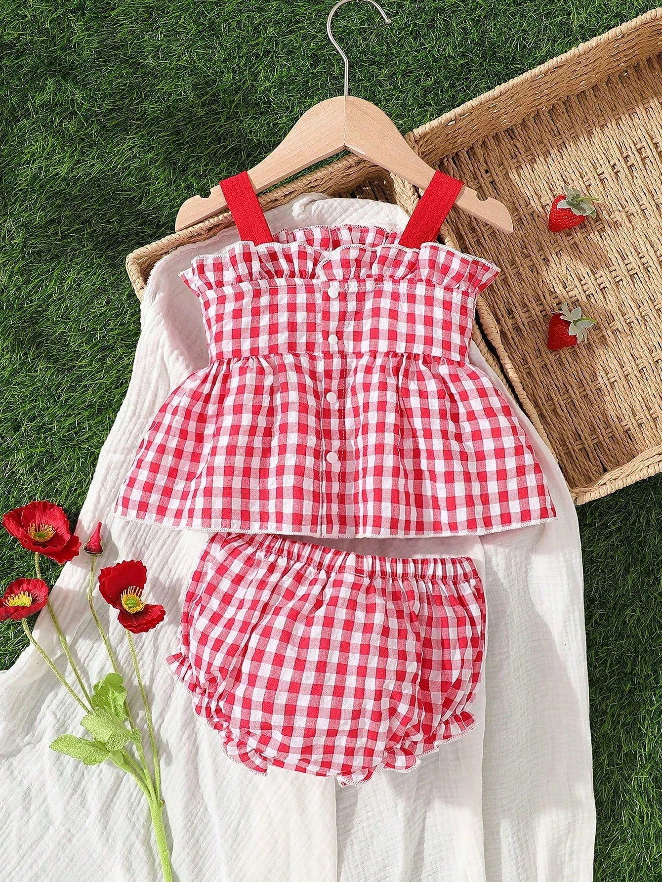 2pcs Baby Girls' Cute White And Red Plaid Bow Strawberry Decor Sleeveless Romper,Summer Family Matching Outfits For Casual Trips,Parties,Photo Shoots