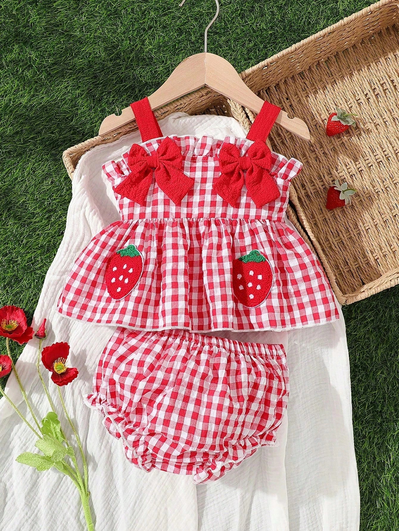 2pcs Baby Girls' Cute White And Red Plaid Bow Strawberry Decor Sleeveless Romper,Summer Family Matching Outfits For Casual Trips,Parties,Photo Shoots