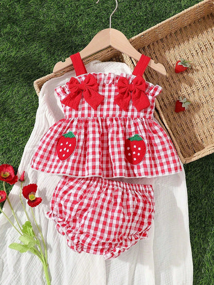 2pcs Baby Girls' Cute White And Red Plaid Bow Strawberry Decor Sleeveless Romper,Summer Family Matching Outfits For Casual Trips,Parties,Photo Shoots