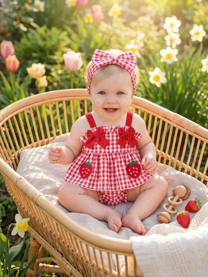 2pcs Baby Girls' Cute White And Red Plaid Bow Strawberry Decor Sleeveless Romper,Summer Family Matching Outfits For Casual Trips,Parties,Photo Shoots