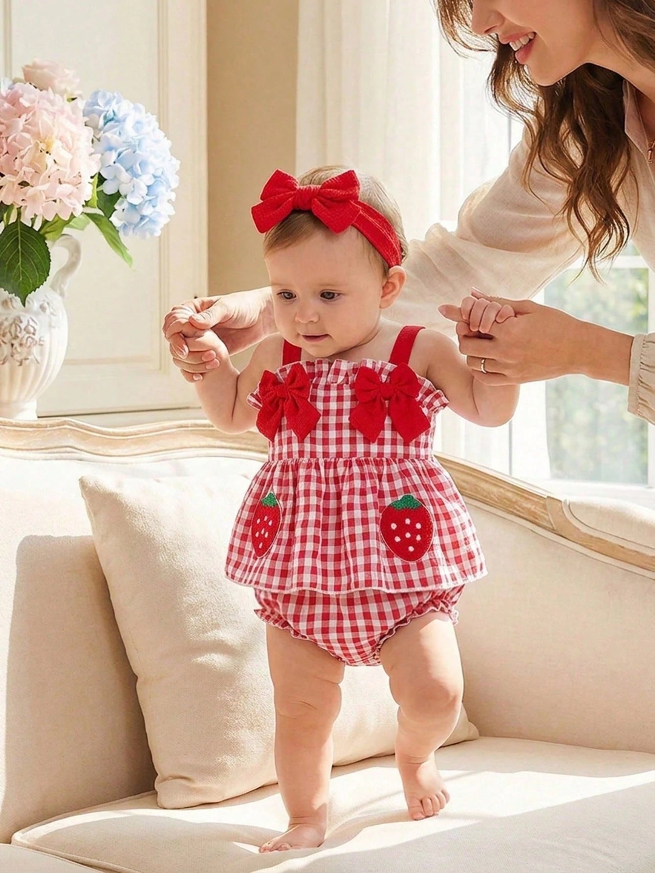 2pcs Baby Girls' Cute White And Red Plaid Bow Strawberry Decor Sleeveless Romper,Summer Family Matching Outfits For Casual Trips,Parties,Photo Shoots