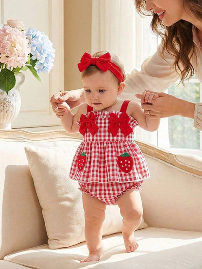 2pcs Baby Girls' Cute White And Red Plaid Bow Strawberry Decor Sleeveless Romper,Summer Family Matching Outfits For Casual Trips,Parties,Photo Shoots